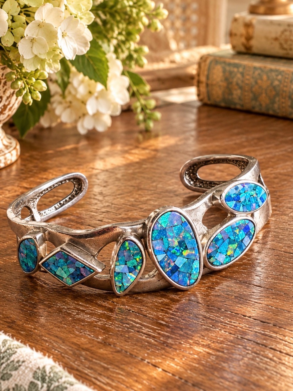 Vintage WK 925 Sterling Silver Mosaic Opal Cuff